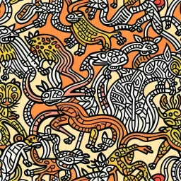 A light rosy orange rainforest with jaguars painted by Keith Haring