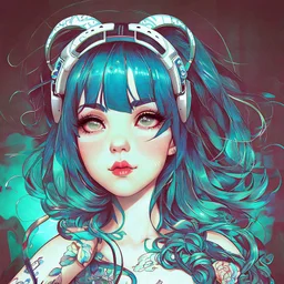 singer Melanie Martinez face, beautiful cyberpunk huge girl, hyperdetailed, illustration by Katsushika Hokusai, darkblue tones,