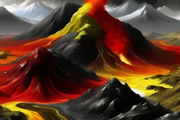 acidic soil with lava and mountains , red white yellow black colors , magic the gathering style, hyper realistic style