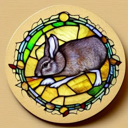 round coaster of rabbit with stained glass window effect, highly detailed, intricate, warm colors, stained glass window, glossy from rain, warm lighting, dramatic lighting