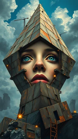 Cube Rubic woman face Pyramid Under Reconstruction; highly detailed digital painting in the style of Loui Jover and Zdzisław Beksiński and Peter Gric and Bryan Larsen, perfect beautiful realistic eyes, scaffolding in landscape, cracks, fissures, weathered ancient stone, by Catrin Welz-Stein, van Gogh, colourful, cinematic, 4k, epic, sharp focus, diodes, smoke, sparks, motherboard, ladders, branches, clouds of steam, by Greg Rutkowski, artstation, hyperrealism, painting, concept art of detailed