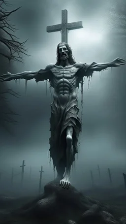 ,surrealism of the dark of a nightmare , hyper photorealistic, hyper detailed bright art color, high resolution, fog, octane render, tilt shift, HDRI Environment, all pictures dark gray, status of Jesus on the cross