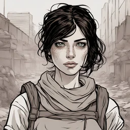 Portrait, brunette character, t-shirt comic book illustration looking straight ahead, pretty freckles, post apocalypse