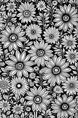 Easy Patterns Coloring page, African Daisy, Calming and Unique Coloring page for Kids 2 ages , Mindfulness, and Creativity, black bakground white and black