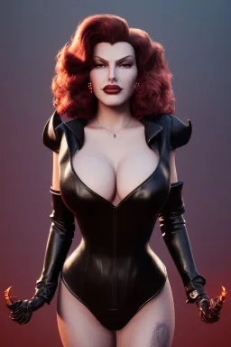 Rita Hayworth as evil queen in black leather, busty, cleavage, curvy, angry, stern look. character design by cory loftis, fenghua zhong, ryohei hase, ismail inceoglu and ruan jia. unreal engine 5, artistic lighting, highly detailed, photorealistic, fantasy