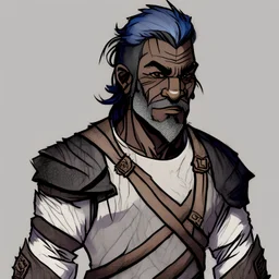 Draw the male duergar's shaded face for d&d with marbled hair, dark skin, wearing a mail shirt and have a spear on his spine in classic Medieval vector art style.