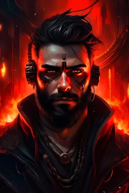 Portrait roi conquerant cyberpunk, cheveux noirs, barbe, yeux rouges, belgique en feu arriere plan