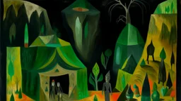 A black and dark green haunted cinema with ghosts near a magma canyon designed in Navajo baskets painted by Paul Klee