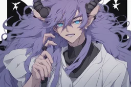 anime man with ram horns, fangs, messy purple hair and blue eyes