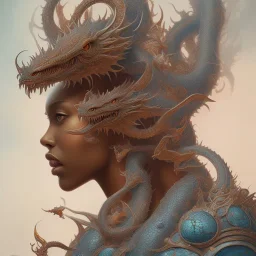 sango fantasy, fantasy magic, intricate, sharp focus, illustration, highly detailed, digital painting, concept art, matte, artgerm and paul lewin and kehinde wiley, masterpiece silver dragon head orange Asain African nice breast Afo woman turquoise waves