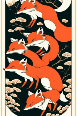  a group of foxes that are on top of each other, a poster by Nōami, ukiyo-e, anime aesthetic, minimalist.