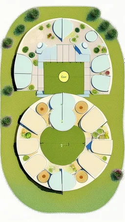 Create a floorplan for a garden of 8 wide and 6 deep. There must be a patch of grass of 2 by 4 meter and a space for a outdoor kitchen. There must be a round picknick table and two sunbeds.