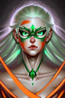 fantasy setting, woman mage with orange and white hair, green eyes, tall and frail, soft facial traits