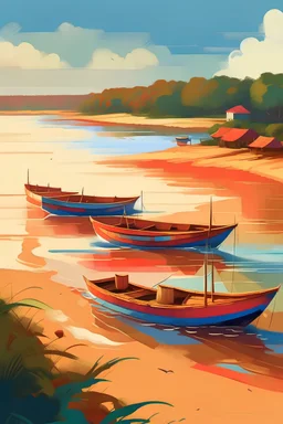 Un paisaje del río Paraná Argentina al estilo Quinquela Martín con colores fuertes y embarcaciones.