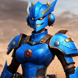 the Blue Lectroid smiles, ready to fight, in dust, rust and blood, her body is covered with throwing daggers belts