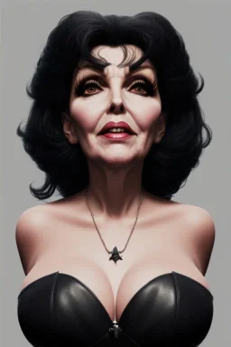 Joan Collins as evil queen in black leather, leather, busty, cleavage, angry, stern look. character design by cory loftis, fenghua zhong, ryohei hase, ismail inceoglu and ruan jia. unreal engine 5, artistic lighting, highly detailed, photorealistic, fantasy