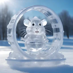 ICE sculpture representing a finely chiseled alien hamster running on a hamster wheel, hyperdetailed dynamic lighting intricately detailed sunlight shiny bright sparkling, city park beautiful winter background, ice sculpture, expansive, grand, impossible magnificence, ultra detailed, 3d octane render, opulent detail, rule of thirds, by Lee Bul