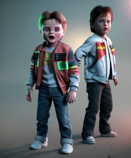 Marty mcfly toddler, Emmet brown toddler, full body, delorean, dramatic lighting, hyper realistic