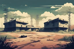 abandoned military base, retro 2D game, commercial movie poster 1970 style