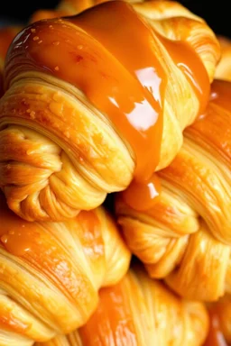 Golden, flaky croissants are stacked closely together, their buttery layers glistening under a rich coating of caramel sauce. The caramel drips luxuriously over the edges, pooling slightly and adding a glossy texture to the already inviting pastries. The croissants' delicate, airy layers are visible, showcasing their perfect lamination. The warm tones of the caramel and the golden-brown crust create a visually appetizing contrast. The image captures the indulgent essence of freshly baked pastrie