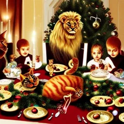 Cats and children eating Christmas dinner with alien lion and floating ball, and exquisitely decorated turkey and HR giger alien