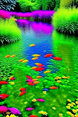 a pond with clear water multicolored fishes underwater flowers vines