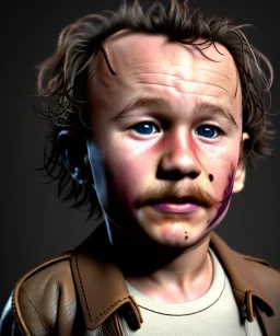 Heath ledger toddler, full body, leather jacket, soft skin, dramatic lighting, hyper realistic