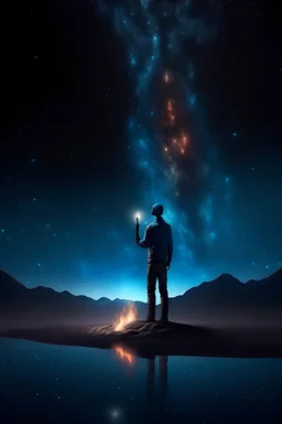 man standing on earth and reflect torch light on galaxy