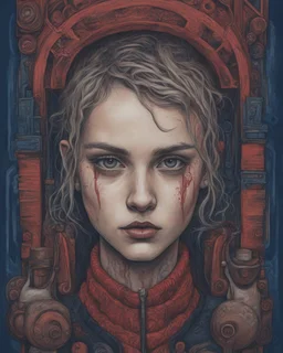 A portrait of a Singer Danish MØ face, cyberpunk, symmetry, hyperdetailed, painting by John Kenn Mortensen, darkblue and darkred tones,