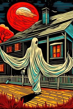 A white-pale ghost leaving a house forever. Nighttime, moonlit, black, white and red palette