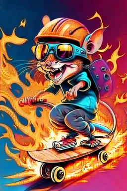 A rat on a skateboard, with glasses and a helmet; the rat laughs; fire coming from behind; cartoon style complementary colors