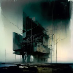 Contemporary abstract painting of Lebbeus Woods brutalist architecture in a wasteland techno decaying landscape. Hazy foggy night sky. Concrete ground. Exposed twisted concrete and wires. Style Justin Mortimer and JMW Turner.