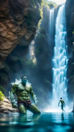 portrait of a transparent orc cliff diver and his ice elemental twin swimming at the bottom of huge waterfall,bokeh like f/0.8, tilt-shift lens 8k, high detail, smooth render, down-light, unreal engine, prize winning