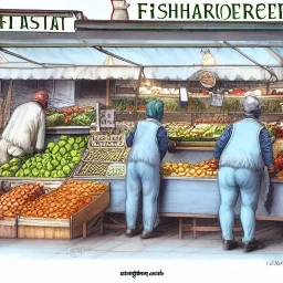 Fishmonger and Greengrocer,Italian city,Citymarket, Jean Baptiste Monge, strong lines, high contrast vibrant colors, highly detailed, ,croquis color illustration