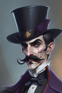 Strahd von Zarovich with a handlebar mustache wearing a top hat with a playful look on his face