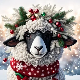 festive Whimiscial sheep in snow, with lights dressed for Christmas in holiday sweater