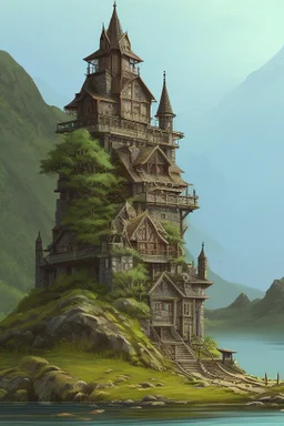 3-story Fantasy Gothic Tower with An Observation Platform, On A Rocky Island, In A Lake, In A Fantasy Woodland, with a bridge