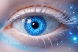 a frame in close up of the light blue eye of a beautiful cosmic fairy. it has long eyelashes. in the center of pupil there is a small bright galaxy