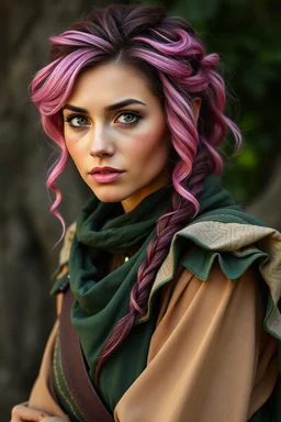 female southern human woman with Tan skin, dark pink hair, green eyes, and freckles. Wearing a green bard costume.