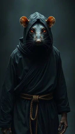 the yoga rat man, bigblack iris eyes with white glints, ou’re looking at someone who doesn’t just walk into shadows—they belong to them. The black robes cling like a second skin, the belt tied tight with gold thread that catches the light only when he moves. His face is wrapped, but not hidden—his eyes glow like embers, red and steady, as if he’s already seen what waits inside the cave. The tail curls behind him, not in fear, but in readiness. He doesn’t need a torch, because the darkness