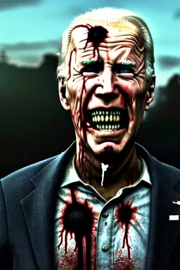 realistic image, joe biden zombie, zombie posing, arm cut and bleeding, amputated leg, night, walking with a limp, waist up view, dark ambient, highly detailed, sky background, concept art, unreal engine 5, god rays, ray tracing, RTX, lumen lighting, ultra detail, volumetric lighting, 3d, finely drawn, high definition, high resolution.