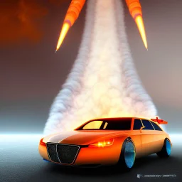 award winning car and driver photograph of a futuristic station wagon dirigible hybrid designed by only one vehicle per image painted metallic orange traveling at a high rate of speed, jet intake off of front center of vehicle and jet exhaust out the rear with bright blue flame, bilaterally symetrical, more a high speed road vehicle