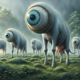 far in the distance five big crepy-cute weird creatures stand on four legs on eart , on tube heads is one giant eye , gray-white-pale blue color skin, with big cow udders on the belly between their legs,, without ears ,peacefully grazing the grass, background is a jungle, rain, detailed, sci-fi, fantasy, cinematic