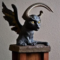 A magical gothic cat gargoyle with goat horns and wings the size of a cat Jim Kay style