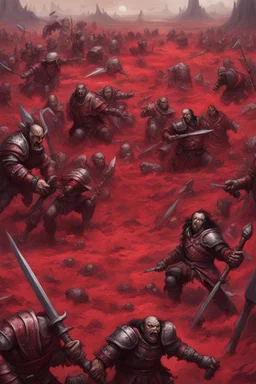 a red battle field with dead orcs