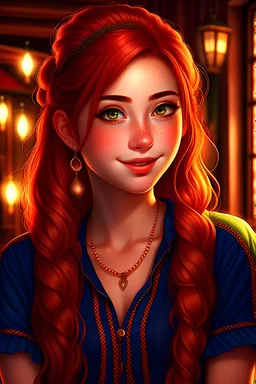 girl, masterpiece, best quality, cinematic lighting, detailed outfit, vibrant colors, perfect eyes, red hair, red eyes, long hair, braided ponytail, hairclip, earrings, smile, casual clothes, AI