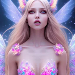 beautiful, soft, big smile face, whole head, long straight blonde hair blues eyes, crown on the head, clothing in transparent bluish and pink veil,fairy wings on the back, background brillante bluish and pink, hight definition, 8K