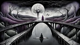 painted inner world with neurodivergens mind and soul, floating doors over surreal cracked weird landscape . one thin bridge over big black river, . deep dark colors, with silver and black. Whimsical strange style of Chagall, of Quentin Blake, andYoshitaka Amano of Anton Semenov. one dark purple-gray human shiluette in hood sitting on bridge and gazes weird absurd beauty nightmare, black shadows, in background cyber neuronic network, surreal vibe, nightmare