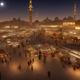 middle east city with mosque and people walking through the market , night , cloud in the sky , full moon , bird in the sky,fire place in the bazaar , high resolution, super realistic, unreal engine, cinematic lighting,