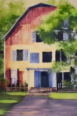 Farm house between regular houses on a city block, front view, oil painting, watercolor